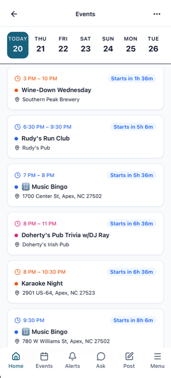 Events calendar screen