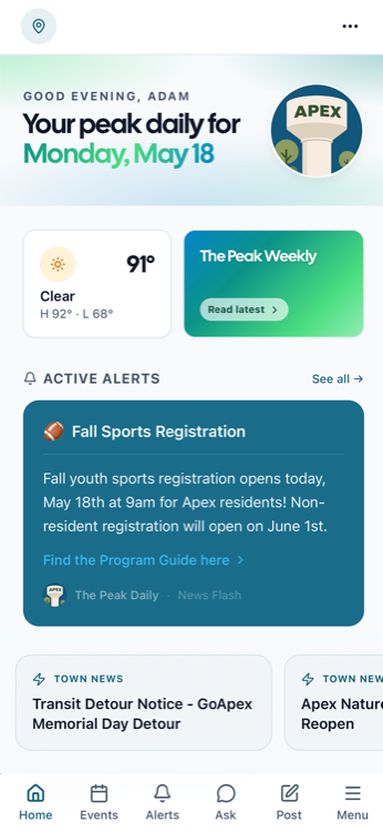 The Peak Daily home screen showing daily briefing